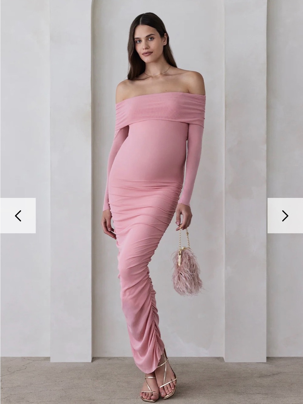 Off-Shoulder Long Sleeve Pink Ruched Maxi Dress